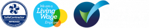 Row of accreditation logos: SafeContractor Approved badge, Living Wage Employer badge, and Cyber Essentials logo on a white background