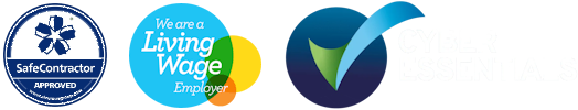 Row of accreditation logos: SafeContractor Approved badge, Living Wage Employer badge, and Cyber Essentials logo on a white background